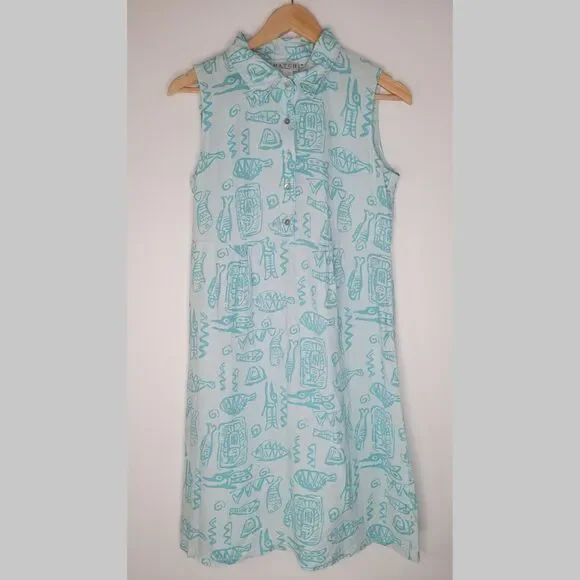 MATCH Vintage Blue Green Linen Shift Dress Size 4 Sleeveless Beach Fish Print - Picture 3 of 9